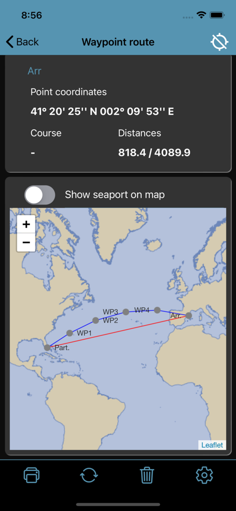 Waypoint route map with coordinate data and trans-Atlantic navigation path in Nautical Calculator Pro