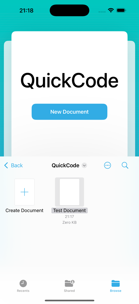 QuickCode: Code Editor - QuickCode app home screen showing a New Document button and integrated file browser on iPhone