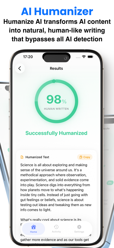 Winston AI Detector &Humanizer - Winston AI app interface showing humanized text with a 98 percent human written score.
