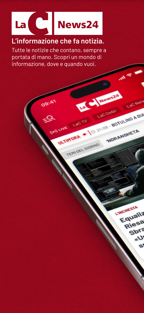 Smartphone displaying the LaC News24 app interface with local news from the Calabria region on a red background