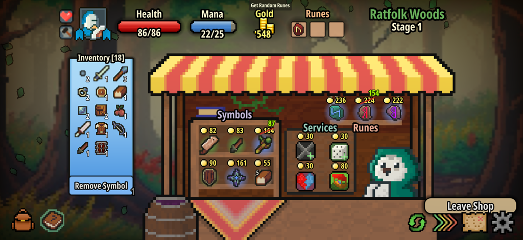 Spin Hero - Captura de pantalla del juego Spin Hero que muestra la tienda del juego con varios símbolos y runas disponibles para comprar