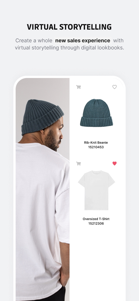 Un écran de lookbook numérique dans l'application de vente Colect présentant une narration virtuelle pour les marques de mode