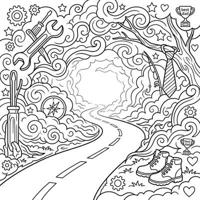 Embark on a symbolic journey with our Father's Day Foggy Road coloring page, merging adventure with heartfelt tributes to dad. Discover hidden tools, ties, and outdoor elements within the swirling mist, ready for your creative touch.