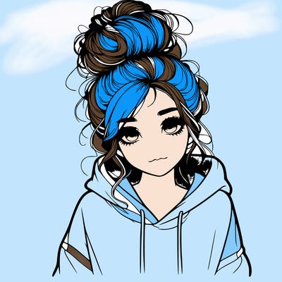 realistic girl with a massy bun and a hoodie