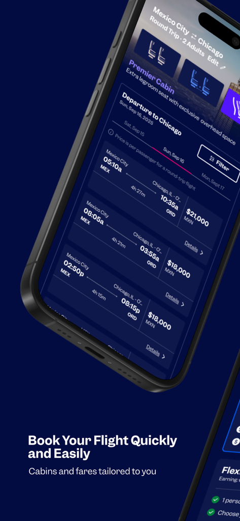 Aeroméxico - Aeromexico app screen displaying flight search results from Mexico City to Chicago