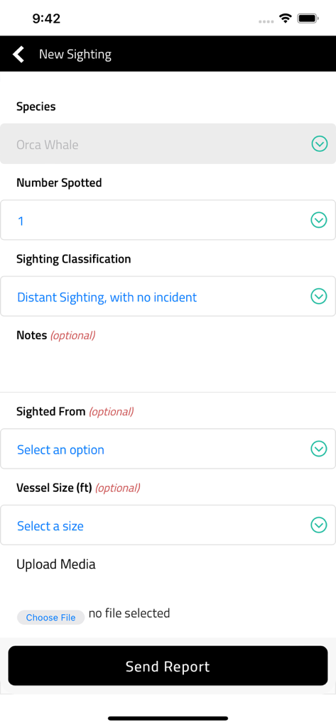 Orcinus - Interface of the Orcinus app showing a form to report a new orca whale sighting including species and vessel details.