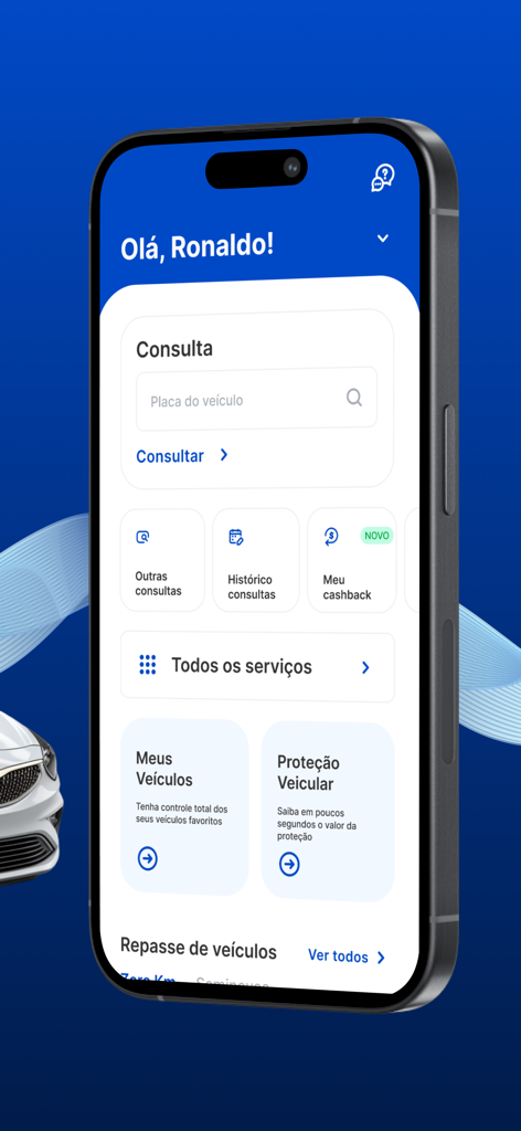 MTix Consulta Veicular - La pantalla de inicio de la aplicación móvil MTix Consulta Veicular que muestra las funciones de búsqueda e historial del vehículo