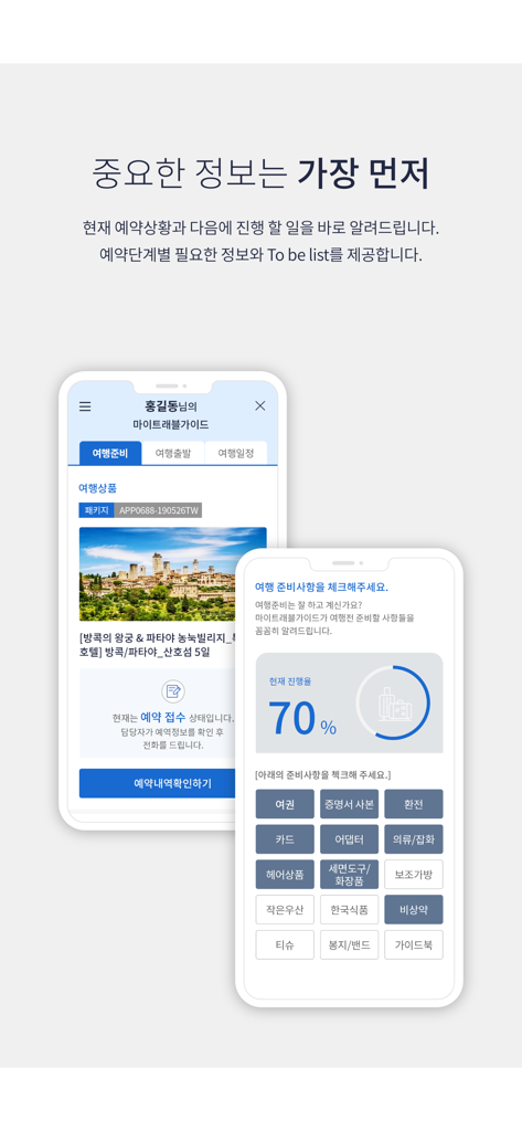 A mobile app interface from Very Good Tour showing a travel preparation checklist and a 70 percent completion progress bar.