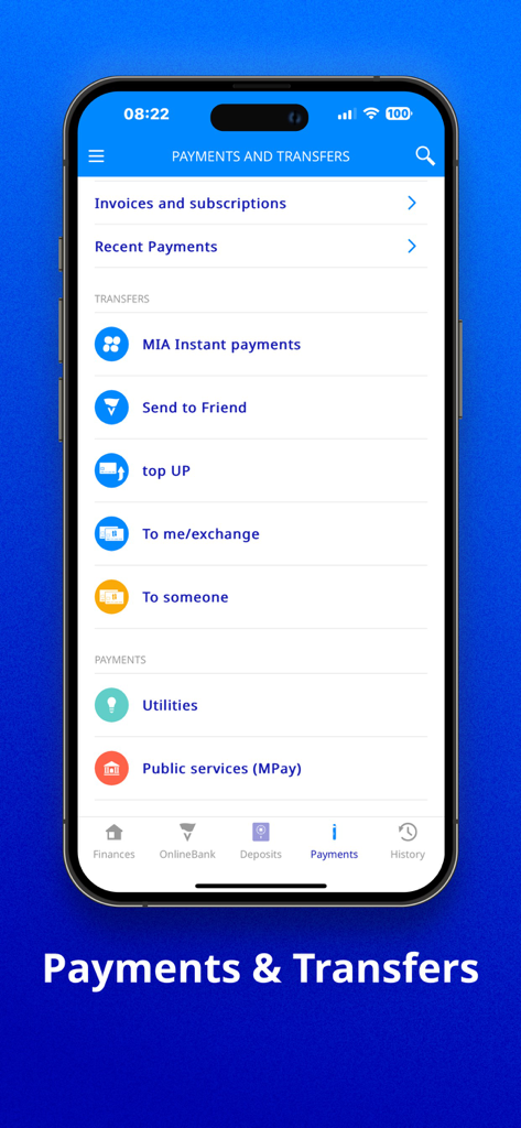 VB24 Mobile app screen showing payment and transfer options including MIA instant payments and utility bill services.