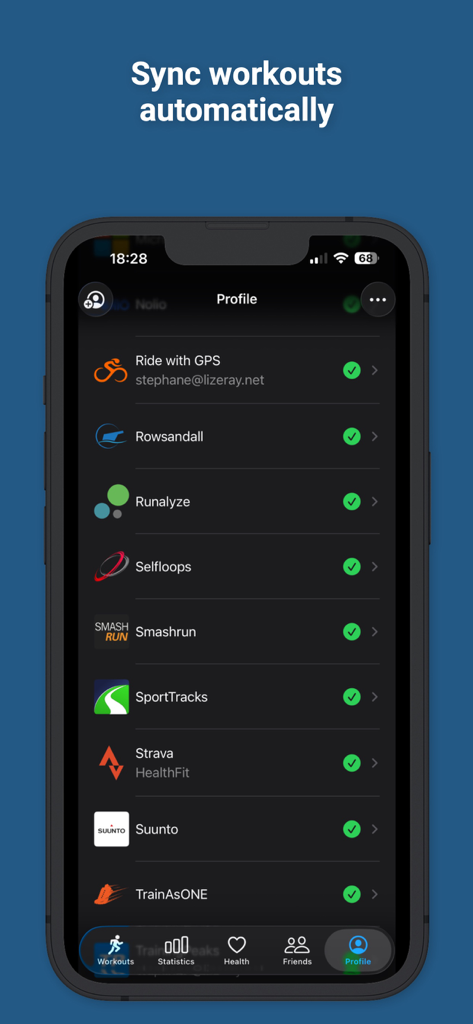 HealthFit - List of connected fitness platforms in the HealthFit app for automatic workout syncing.