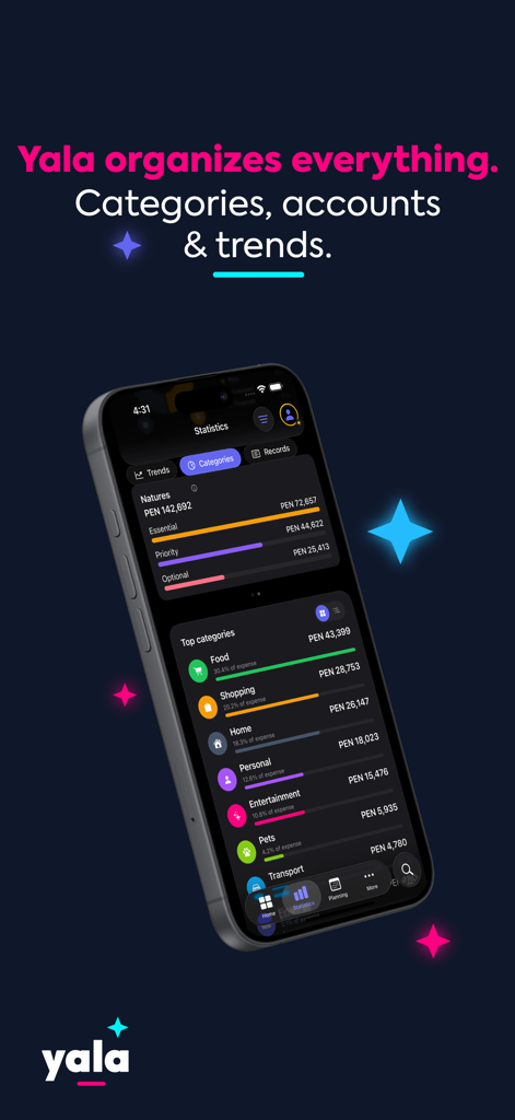 Smartphone-Bildschirm mit Ausgabenkategorien und Finanzstatistiken der Yala-App