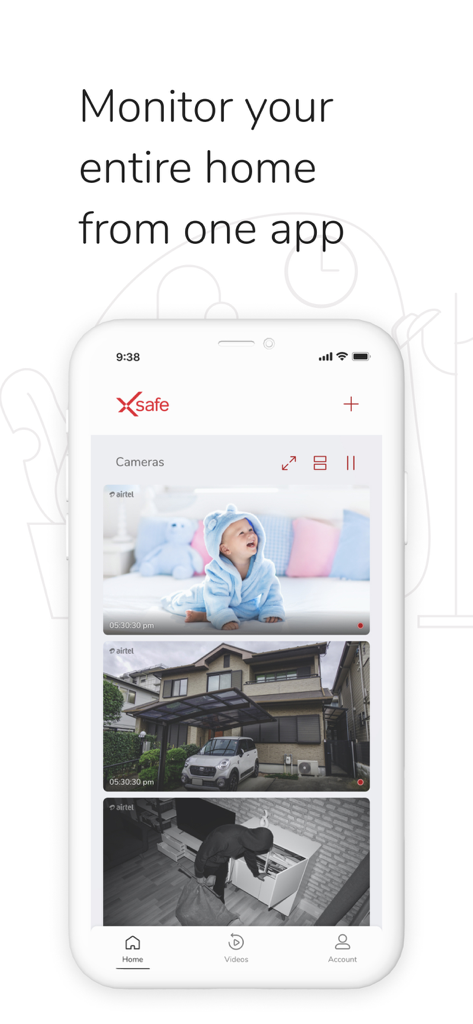 Airtel Xsafe - Airtel Xsafe app interface on a smartphone showing multiple camera feeds including a baby room an exterior house view and a night vision security alert