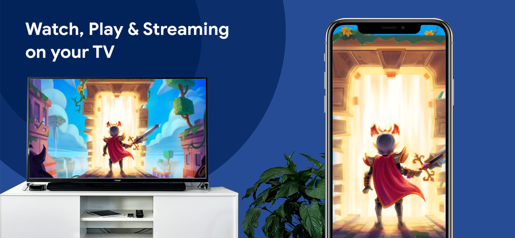 Un iPhone duplicando un videojuego de fantasía en un televisor de pantalla grande.
