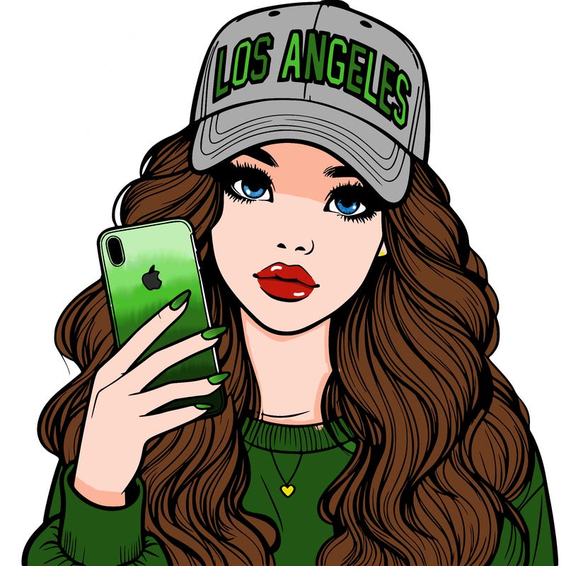 realistic beautiful girl wearing los ángeles cap holding an iphone