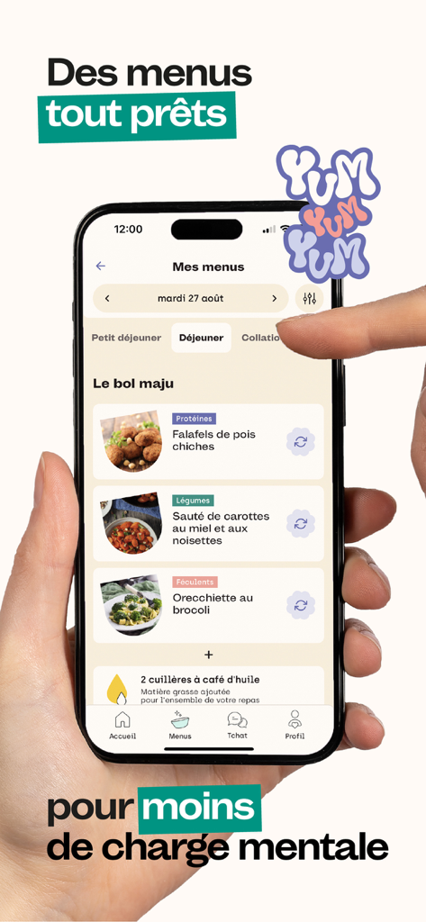 maju - Pantalla de la aplicación Maju que muestra un menú de almuerzo saludable con sugerencias de comidas preparadas