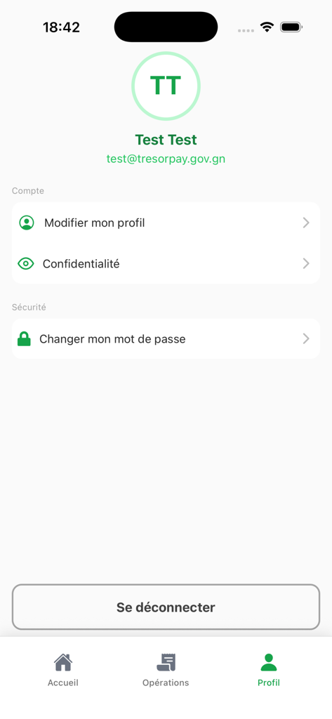 TresoPay - User profile screen in the TresoPay app with options for account editing, privacy, and security settings.