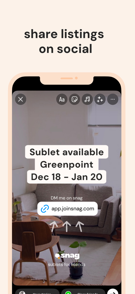 snag sublets - A mobile interface showing a sublet listing formatted for social media sharing with a link to join snag.