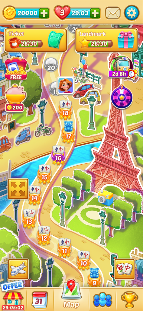 Mapa de progresión de niveles de Mahjong City Tours con la Torre Eiffel en París