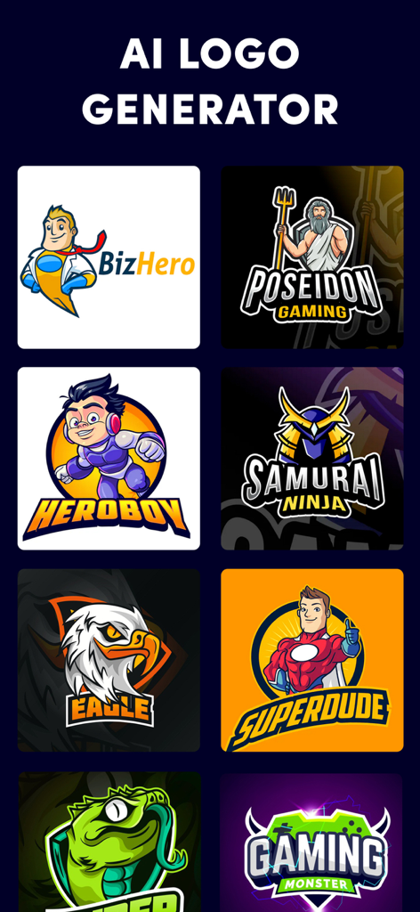 Logo Maker & Generator - Una colección de coloridos logos de mascotas para marcas de videojuegos y negocios generados por inteligencia artificial.