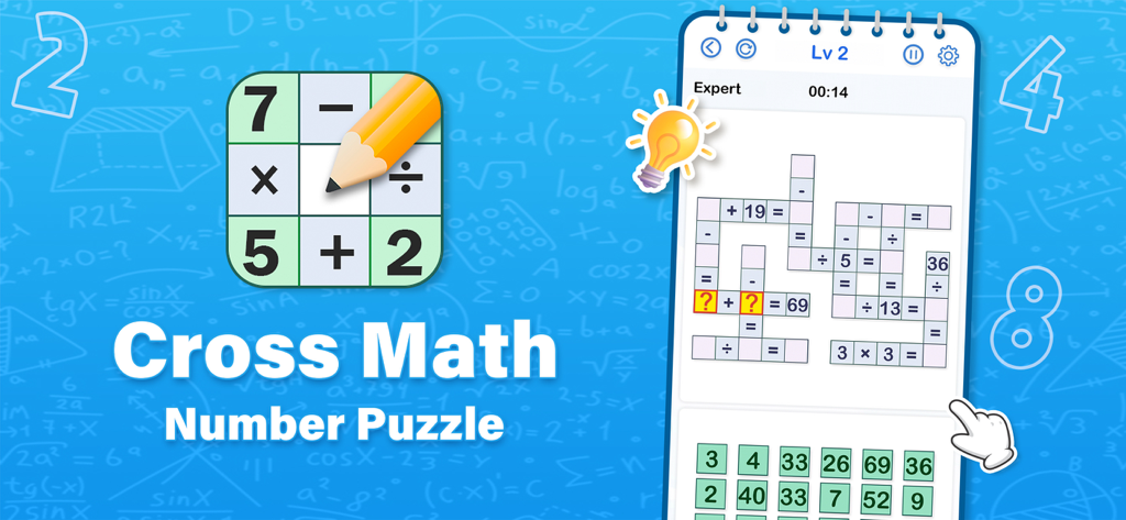 Cross Math - Math Game - Cross Math number puzzle game interface with math formulas on a blue background