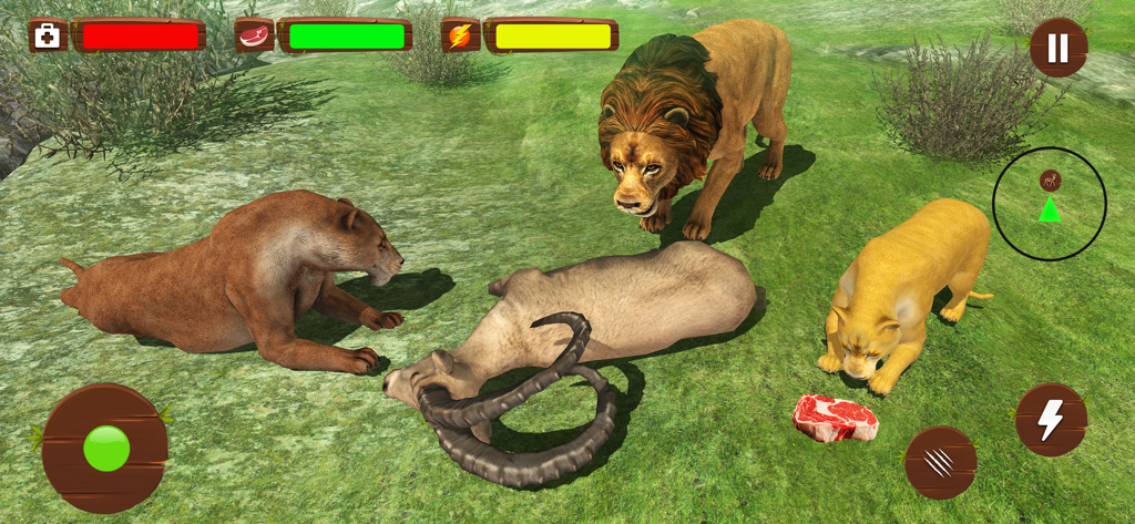 Ultimate Wild Lion Simulator - Una familia de leones con un león macho, leona y cachorro alrededor de una presa cazada en un entorno de pastizal.