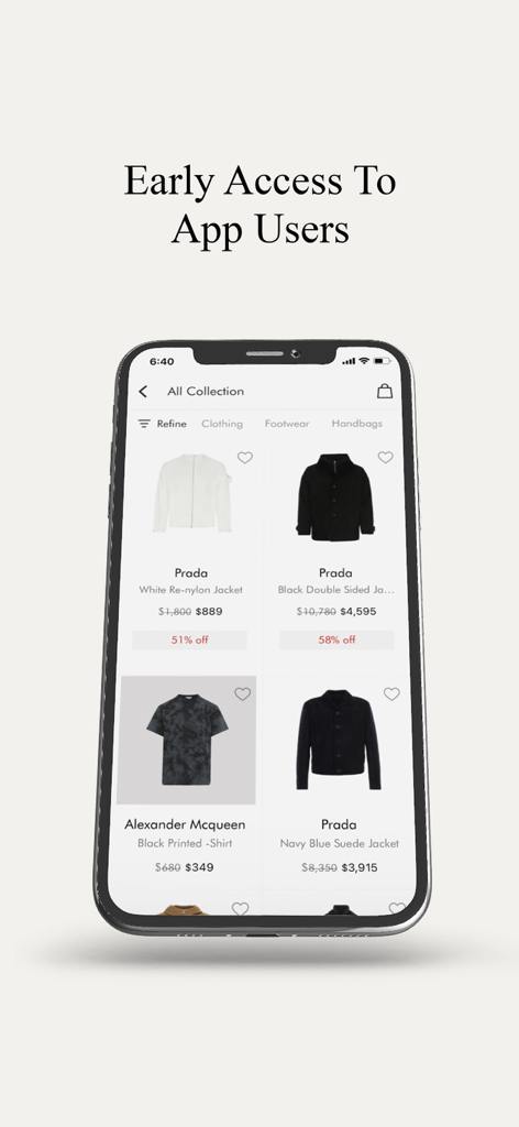Darveys Luxury Shopping - Mobile screen of Darveys app showcasing discounted Prada and Alexander McQueen designer clothing