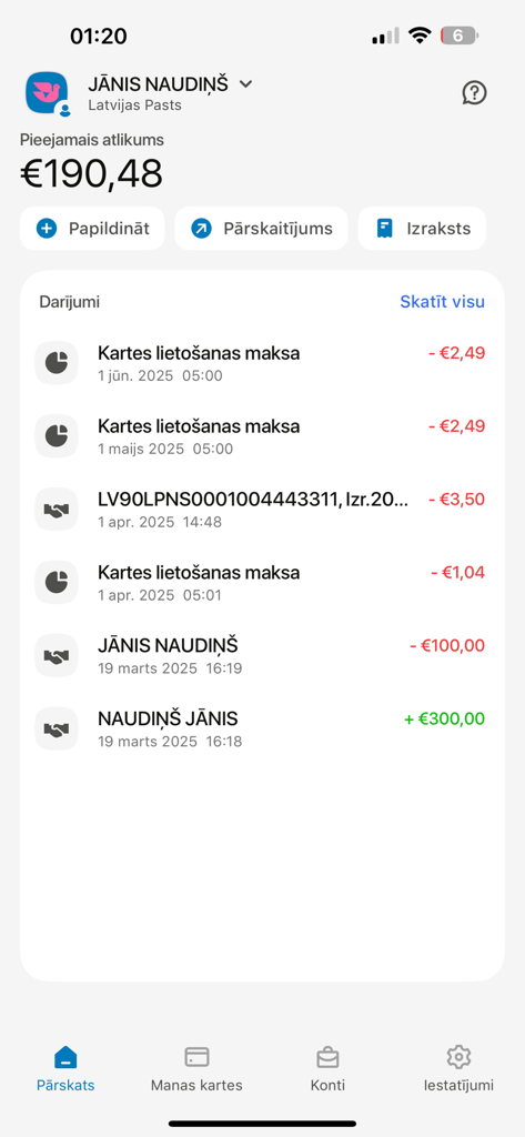 Pasts Pay - Interface of the Pasts Pay finance app displaying user balance and a list of transactions.