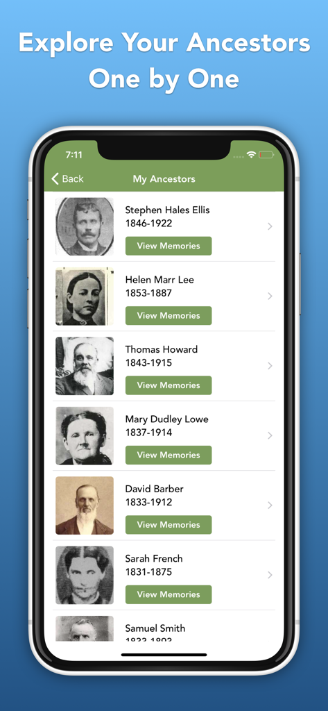 A mobile app screen showing a vertical list of family ancestors with their names, birth and death dates, and vintage portrait photos.