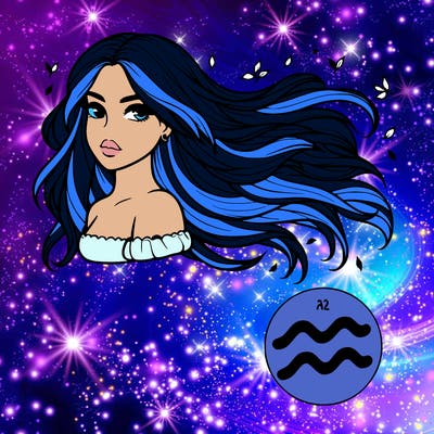 one realistic girl with long hair flowing in the wind and is an aquarius