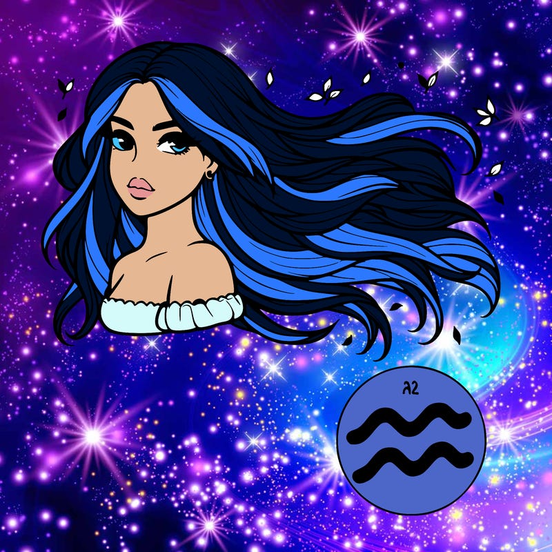 one realistic girl with long hair flowing in the wind and is an aquarius