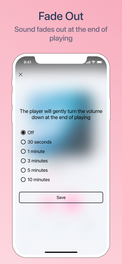 White noise generator, pink - White noise generator app fade out settings screen showing time interval options