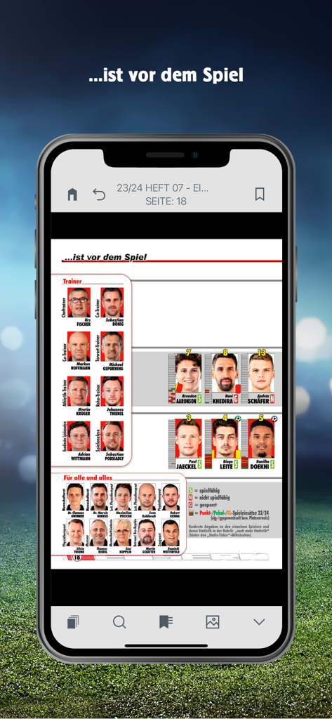FCU KIOSK - iPhone screen displaying the FCU KIOSK app with a digital page of the 1. FC Union Berlin stadium magazine showing player and coach photos