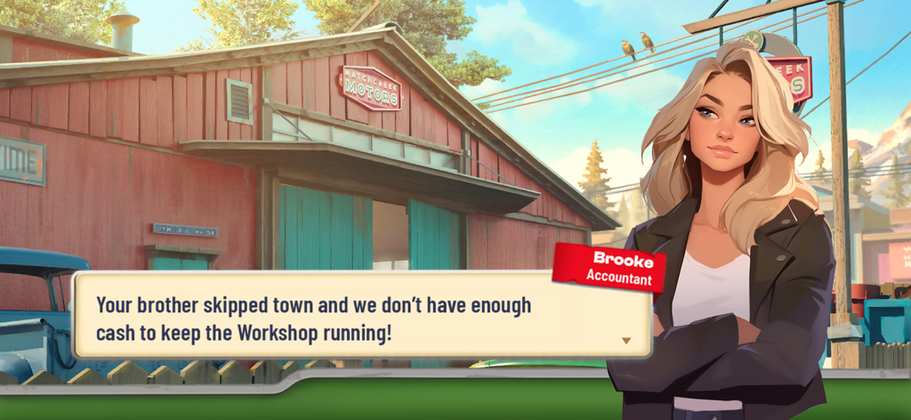 Matchcreek Motors: Custom Cars - Brooke the accountant standing in front of the Matchcreek Motors garage in a story scene.
