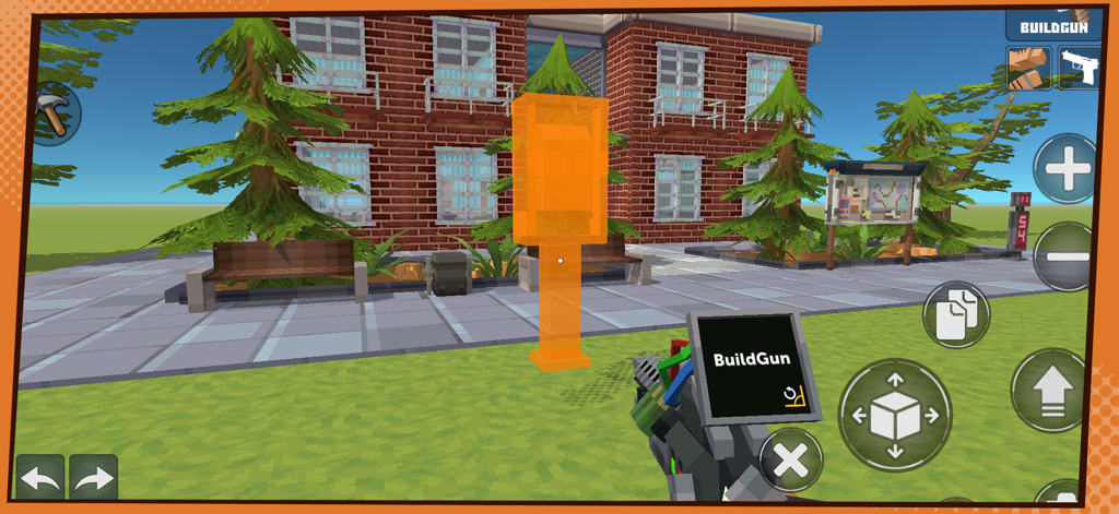 Simple Sandbox 3 - Pixel Craft - Vista en primera persona del modo de construcción en Simple Sandbox 3 usando una pistola de construcción para colocar objetos en un mundo pixelado