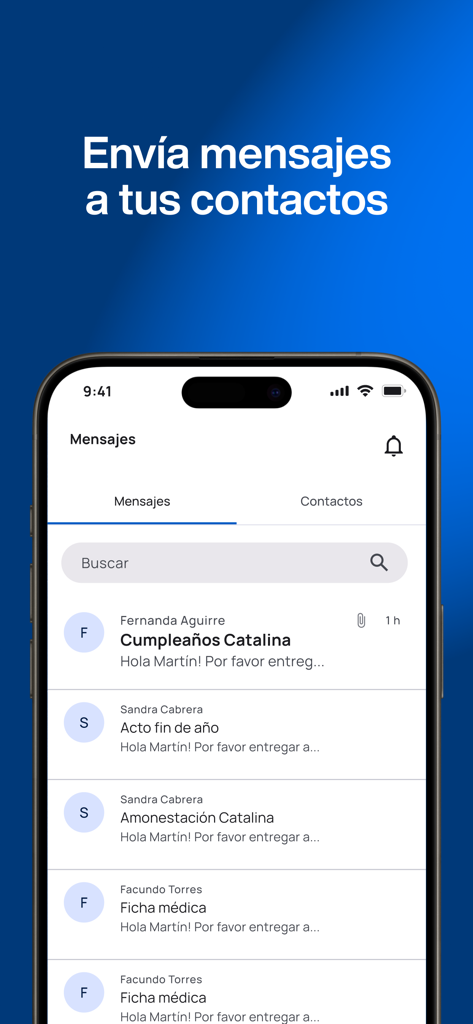 fidu - Interfaz de la aplicación fidu mostrando una lista de mensajes y contactos relacionados con la escuela