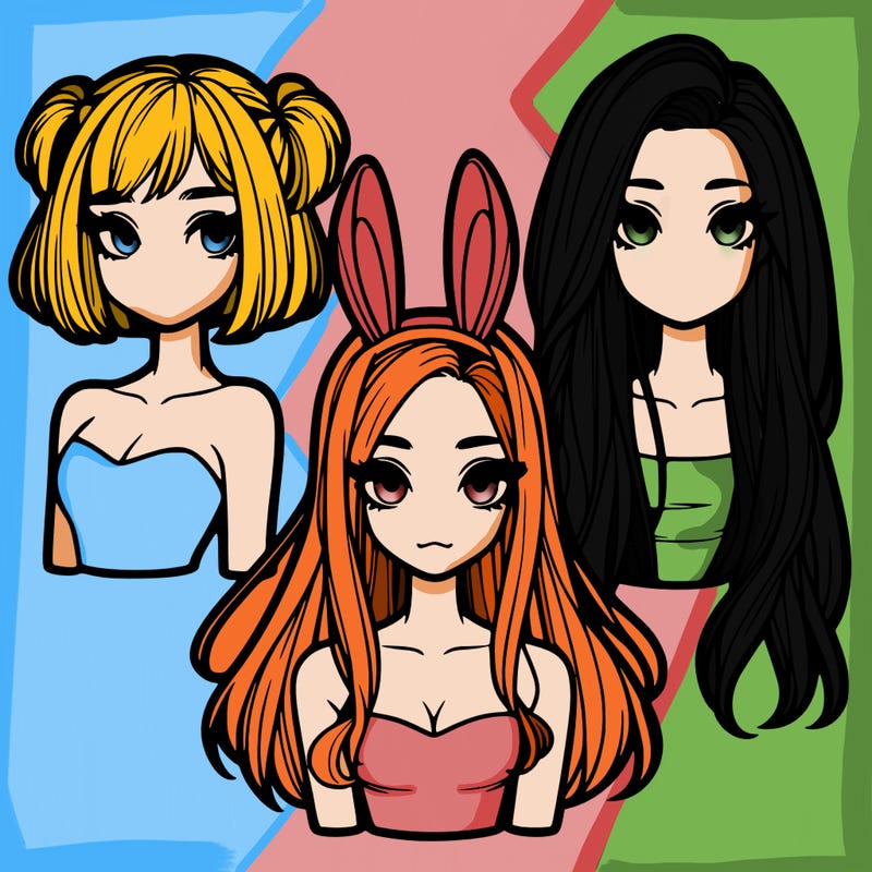 three realistic girls one with pigtails one with bunny ears and one with shoulder length hair