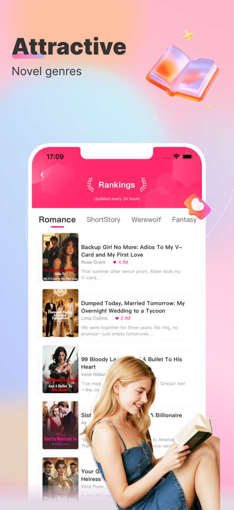 Écran de l'application Novelove montrant les livres d'amour populaires et une femme en train de lire.