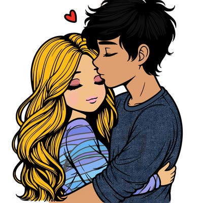 a realistic couple boy and girl hugging and kissing