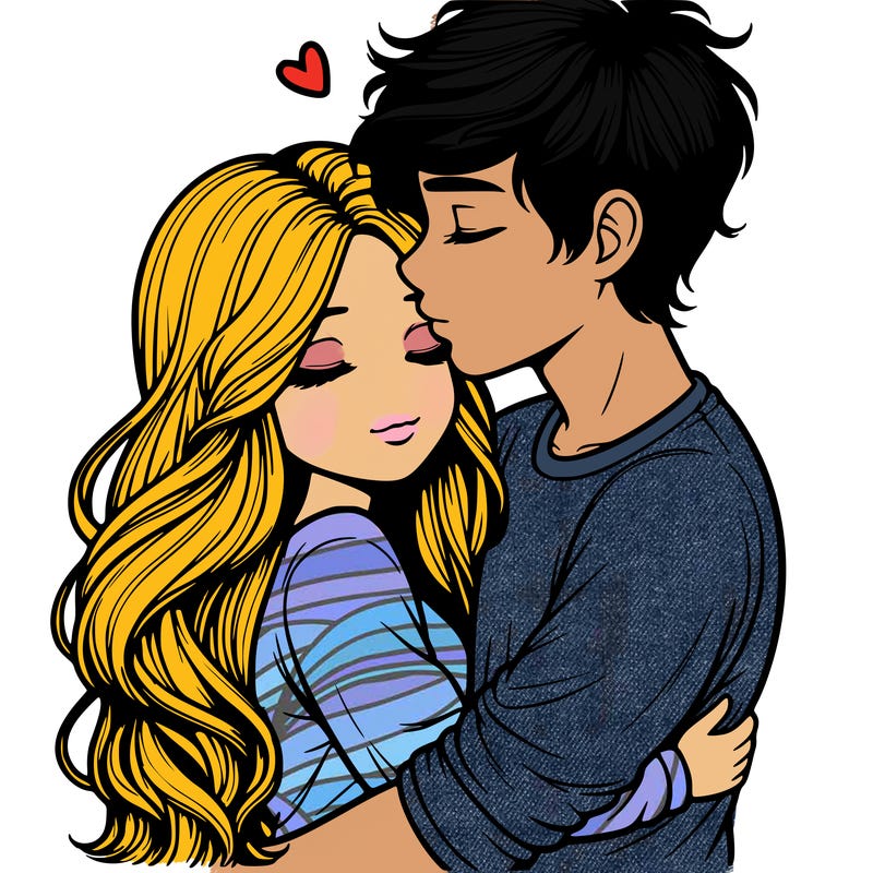 a realistic couple boy and girl hugging and kissing