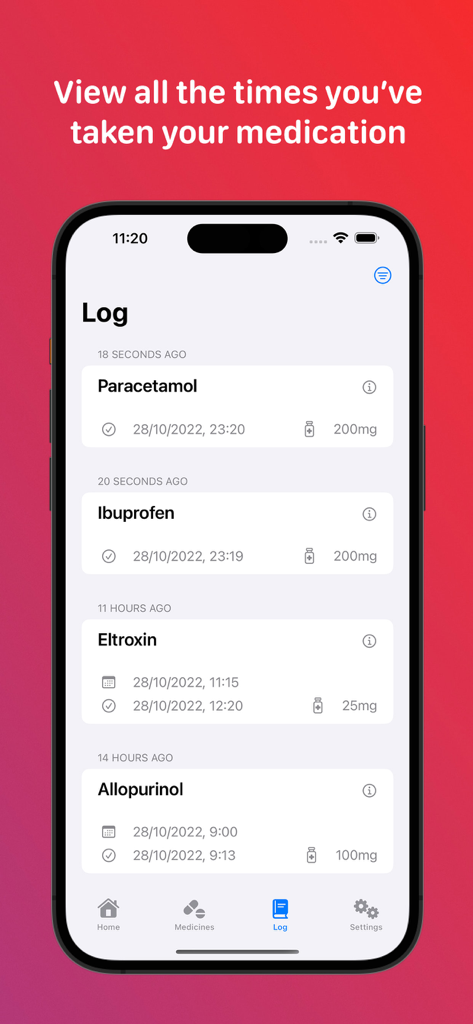 Medication tracker & reminders - Captura de tela do iPhone da tela de registro de medicação mostrando um histórico de doses tomadas com datas e horários