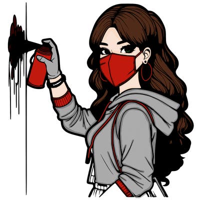 realistic girl with mask spray painting a wall