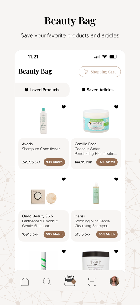 Compar - AI Hair Care Advisor - Compar app Beauty Bag interface showing saved hair care products with personalized AI match scores