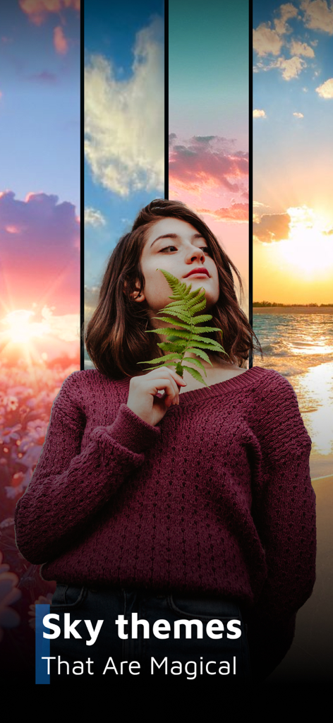 AI Sky Replacement Sky Changer - A woman holding a leaf with vertical strips of different magical sky themes like sunset and sunrise behind her