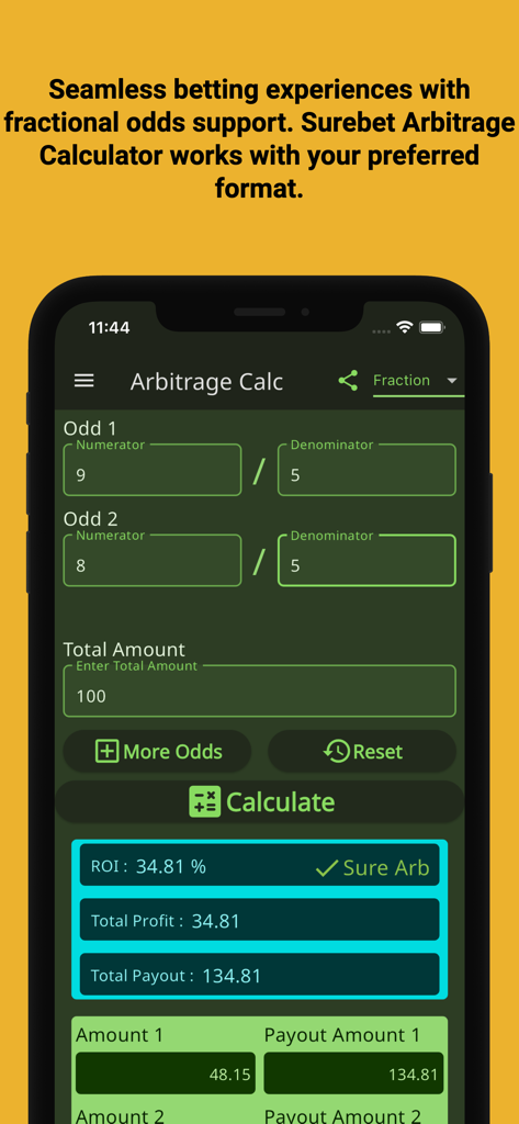 Surebet Arbitrage Calculator interface showing fractional odds input and ROI calculation results