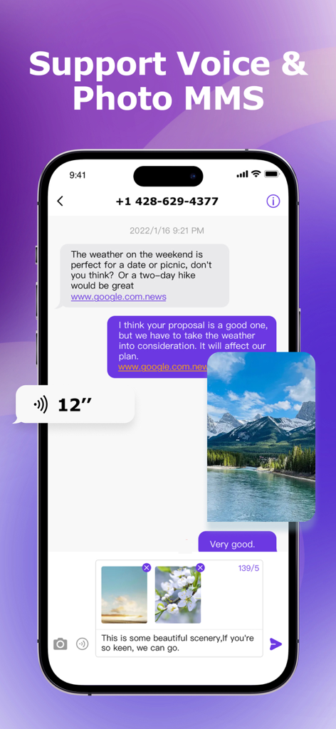 Screenshot of the Text Number app interface showing a text conversation with voice notes and photo MMS messages.