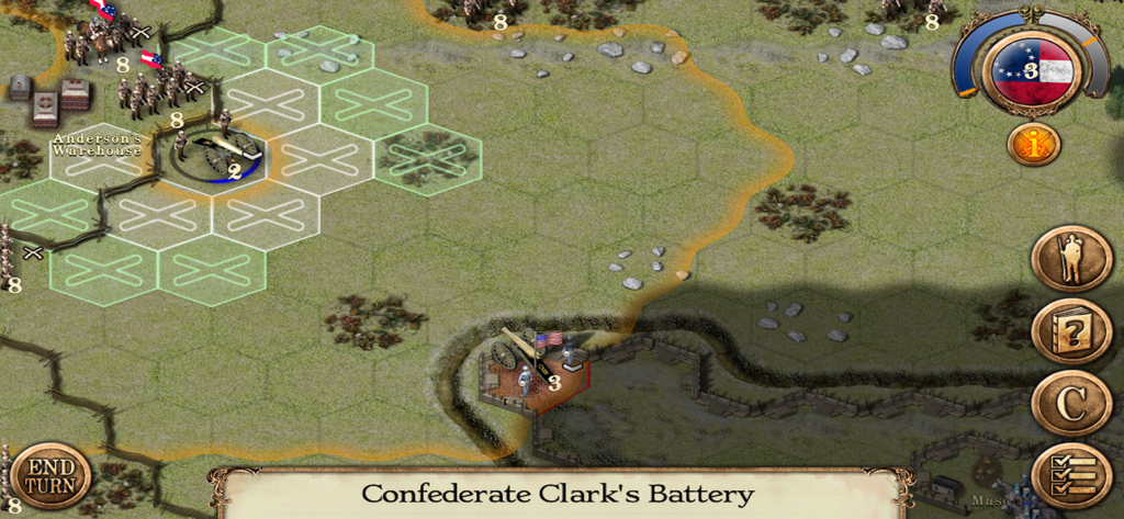 Gameplay screenshot of Civil War 1861 showing a hex-based tactical map with Confederate artillery and infantry units