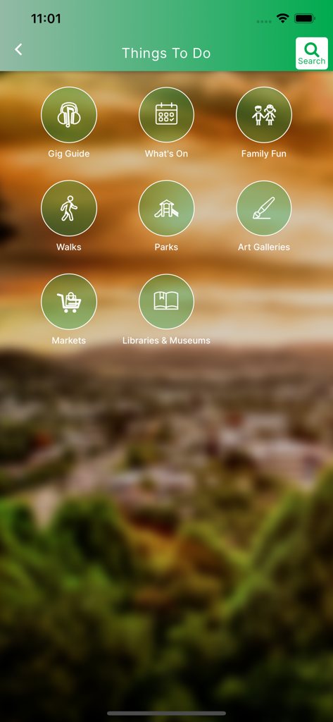 The Lismore App - The Lismore App interface showing the Things To Do section with icons for local events parks and activities