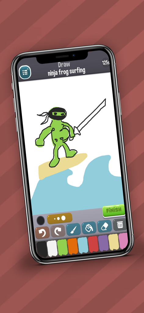 Mobile gameplay screen of Drawing Phone showing a sketch of a ninja frog surfing based on a text prompt.