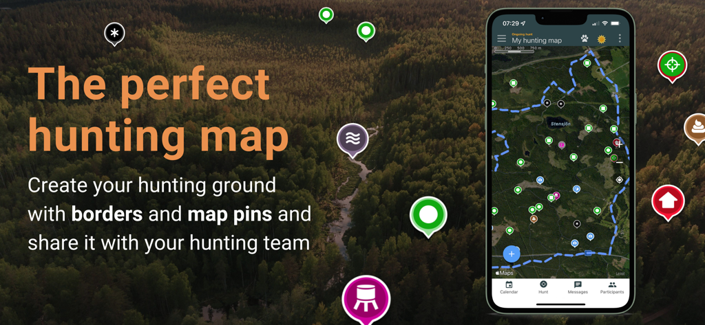 WeHunt - WeHunt app interface showing a detailed hunting map with borders and pins over an aerial forest background
