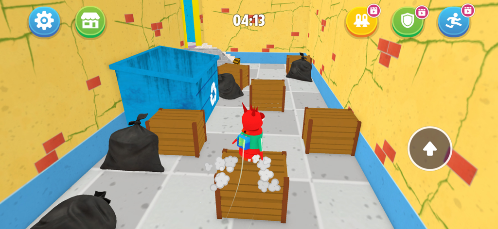 Monster Chase Robot and Co - A red robot character navigating through an underground maze filled with crates and trash bags